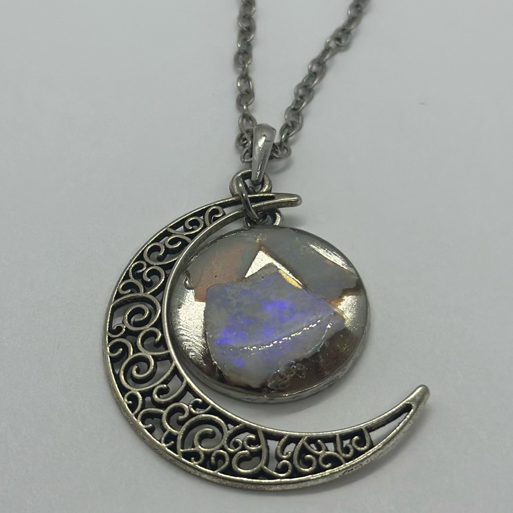 Handmade Genuine Moon W/Opal Chips In Resin Necklace
